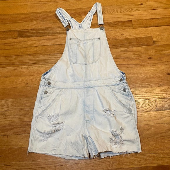 American Eagle Shortalls Womens Small Denim Distressed Light Wash Bleach Grunge - Picture 1 of 7